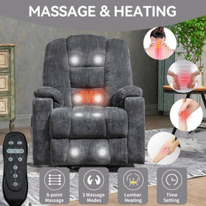 English Elm Large Power Lift Recliner Chenille Chair with Massage Heat and USB Charging Ports Grey W1803S00111