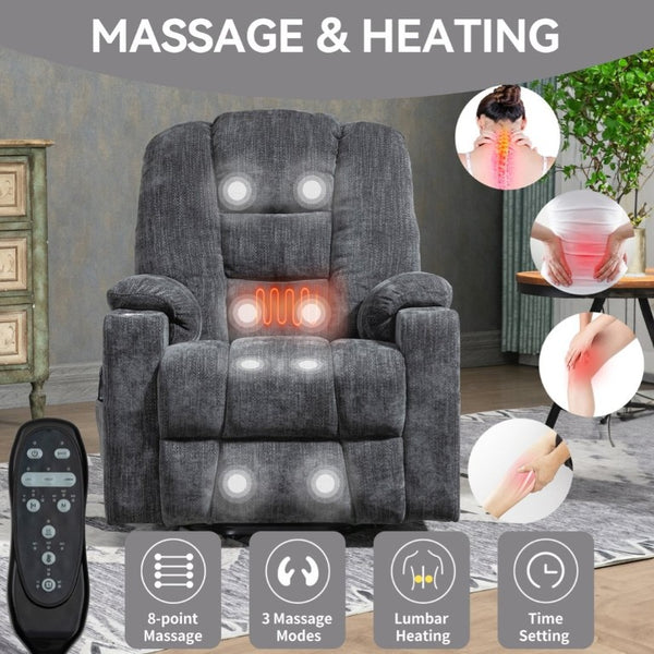 English Elm Large Power Lift Recliner Chenille Chair with Massage Heat and USB Charging Ports Grey W1803S00111