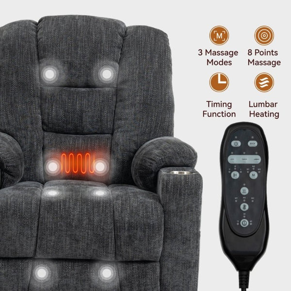 English Elm Large Power Lift Recliner Chenille Chair with Massage Heat and USB Charging Ports Grey W1803S00111