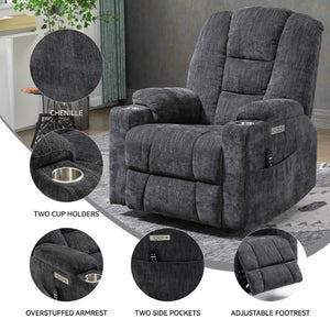 English Elm Large Power Lift Recliner Chenille Chair with Massage Heat and USB Charging Ports Grey W1803S00111