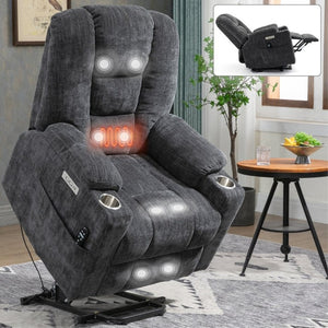 English Elm Large Power Lift Recliner Chenille Chair with Massage Heat and USB Charging Ports Grey W1803S00111