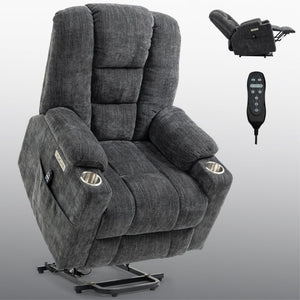 English Elm Large Power Lift Recliner Chenille Chair with Massage Heat and USB Charging Ports Grey W1803S00111