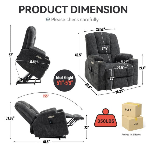 English Elm Large Power Lift Recliner Chenille Chair with Massage Heat and USB Charging Ports Grey W1803S00111