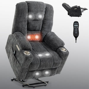English Elm Large Power Lift Recliner Chenille Chair with Massage Heat and USB Charging Ports Grey W1803S00111