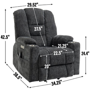 English Elm Large Power Lift Recliner Chenille Chair with Massage Heat and USB Charging Ports Grey W1803S00111