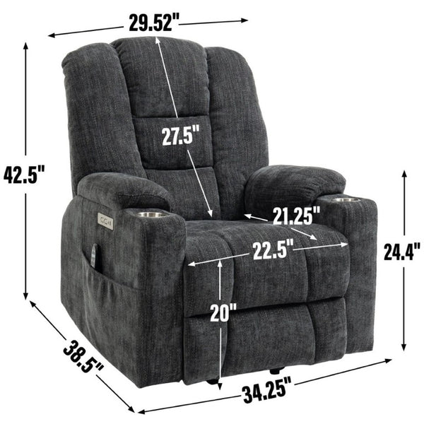 English Elm Large Power Lift Recliner Chenille Chair with Massage Heat and USB Charging Ports Grey W1803S00111
