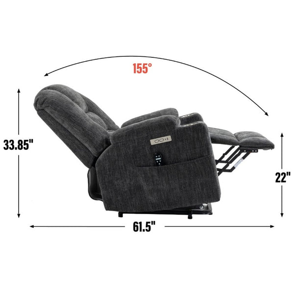 English Elm Large Power Lift Recliner Chenille Chair with Massage Heat and USB Charging Ports Grey W1803S00111