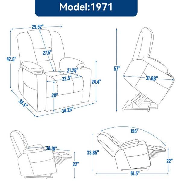 English Elm Large Power Lift Recliner Chenille Chair with Massage Heat and USB Charging Ports Grey W1803S00111