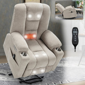 English Elm Large Power Lift Recliner Chenille Chair with Massage Heat and USB Charging Ports Beige W1803S00112