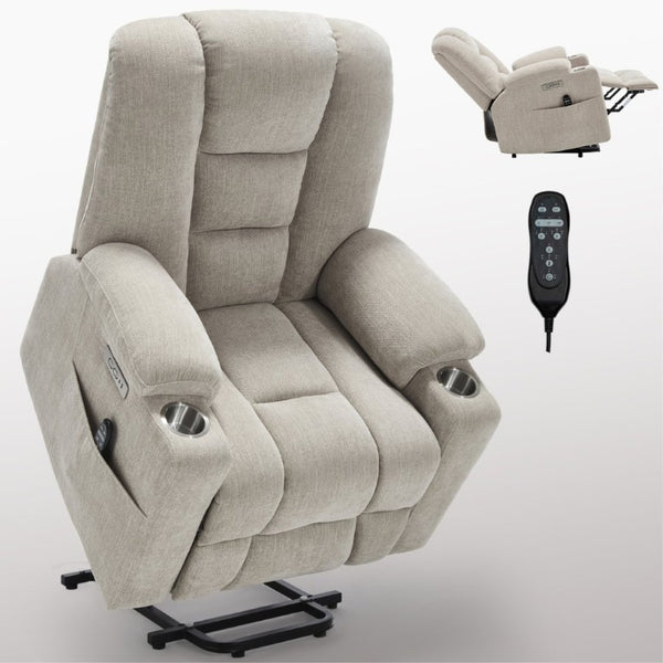 English Elm Large Power Lift Recliner Chenille Chair with Massage Heat and USB Charging Ports Beige W1803S00112