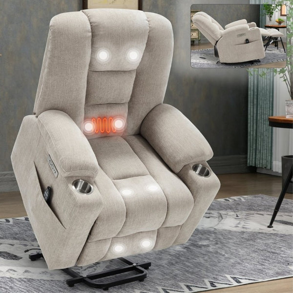 English Elm Large Power Lift Recliner Chenille Chair with Massage Heat and USB Charging Ports Beige W1803S00112