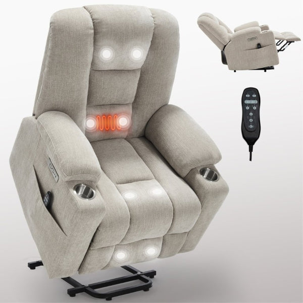 English Elm Large Power Lift Recliner Chenille Chair with Massage Heat and USB Charging Ports Beige W1803S00112