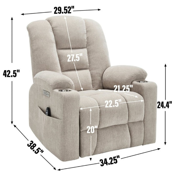 English Elm Large Power Lift Recliner Chenille Chair with Massage Heat and USB Charging Ports Beige W1803S00112