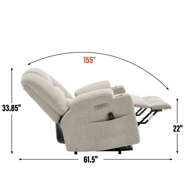 English Elm Large Power Lift Recliner Chenille Chair with Massage Heat and USB Charging Ports Beige W1803S00112
