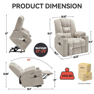 English Elm Large Power Lift Recliner Chenille Chair with Massage Heat and USB Charging Ports Beige W1803S00112