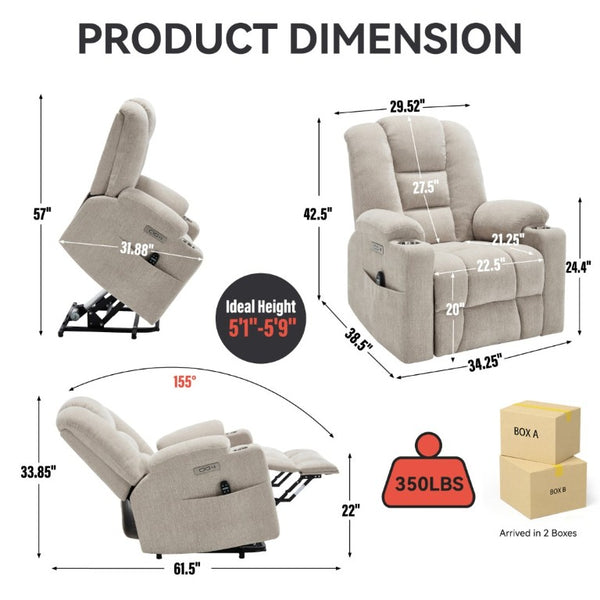English Elm Large Power Lift Recliner Chenille Chair with Massage Heat and USB Charging Ports Beige W1803S00112