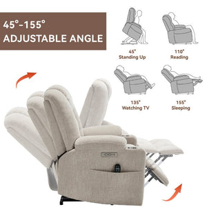 English Elm Large Power Lift Recliner Chenille Chair with Massage Heat and USB Charging Ports Beige W1803S00112