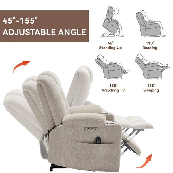 English Elm Large Power Lift Recliner Chenille Chair with Massage Heat and USB Charging Ports Beige W1803S00112