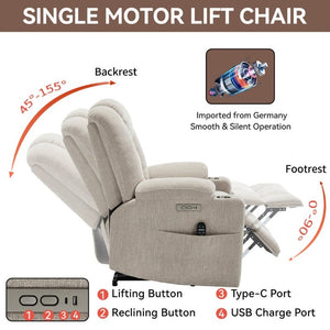 English Elm Large Power Lift Recliner Chenille Chair with Massage Heat and USB Charging Ports Beige W1803S00112