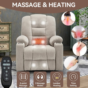 English Elm Large Power Lift Recliner Chenille Chair with Massage Heat and USB Charging Ports Beige W1803S00112