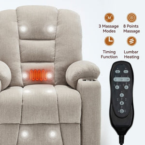English Elm Large Power Lift Recliner Chenille Chair with Massage Heat and USB Charging Ports Beige W1803S00112