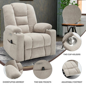 English Elm Large Power Lift Recliner Chenille Chair with Massage Heat and USB Charging Ports Beige W1803S00112