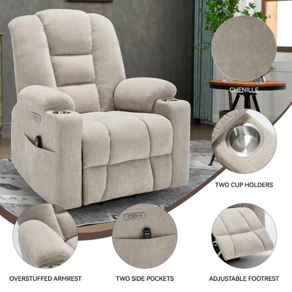 English Elm Large Power Lift Recliner Chenille Chair with Massage Heat and USB Charging Ports Beige W1803S00112