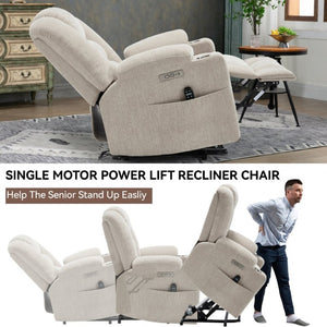 English Elm Large Power Lift Recliner Chenille Chair with Massage Heat and USB Charging Ports Beige W1803S00112