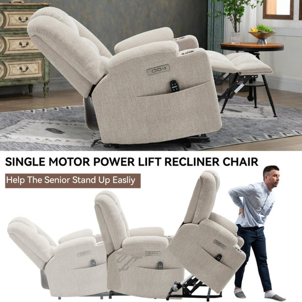 English Elm Large Power Lift Recliner Chenille Chair with Massage Heat and USB Charging Ports Beige W1803S00112