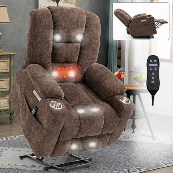 English Elm Large Power Lift Recliner Chenille Chair with Massage Heat and USB Charging Ports Brown W1803S00113