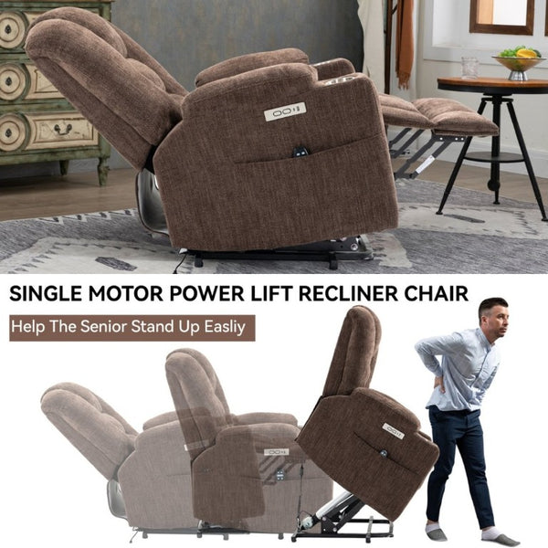 English Elm Large Power Lift Recliner Chenille Chair with Massage Heat and USB Charging Ports Brown W1803S00113
