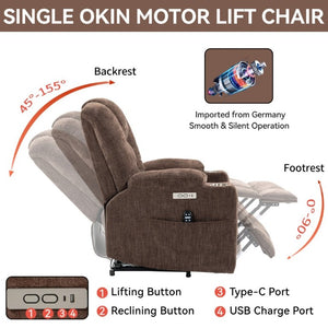 English Elm Large Power Lift Recliner Chenille Chair with Massage Heat and USB Charging Ports Brown W1803S00113