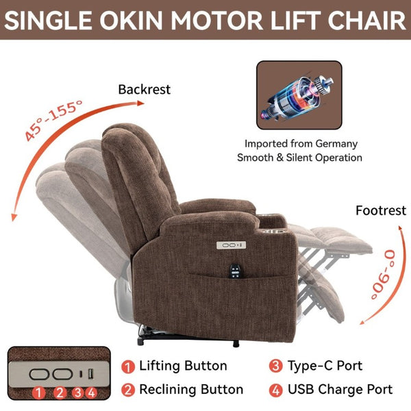 English Elm Large Power Lift Recliner Chenille Chair with Massage Heat and USB Charging Ports Brown W1803S00113