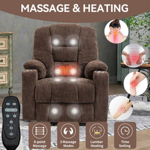 English Elm Large Power Lift Recliner Chenille Chair with Massage Heat and USB Charging Ports Brown W1803S00113