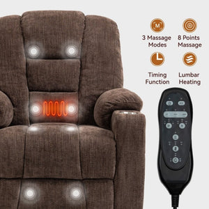 English Elm Large Power Lift Recliner Chenille Chair with Massage Heat and USB Charging Ports Brown W1803S00113