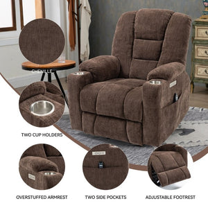 English Elm Large Power Lift Recliner Chenille Chair with Massage Heat and USB Charging Ports Brown W1803S00113