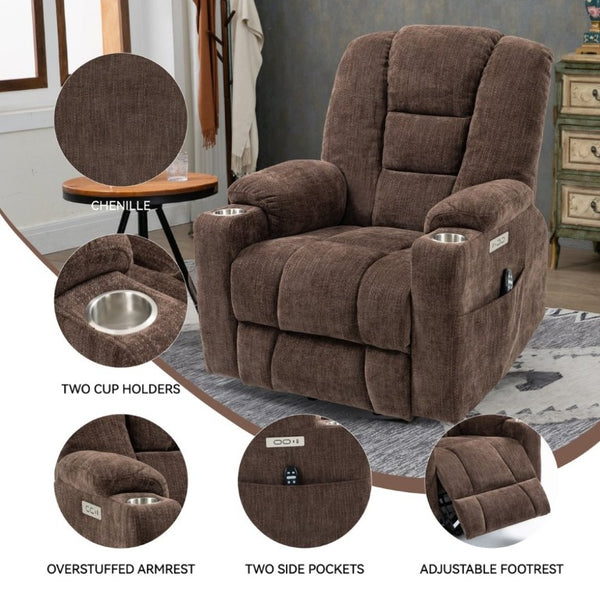 English Elm Large Power Lift Recliner Chenille Chair with Massage Heat and USB Charging Ports Brown W1803S00113