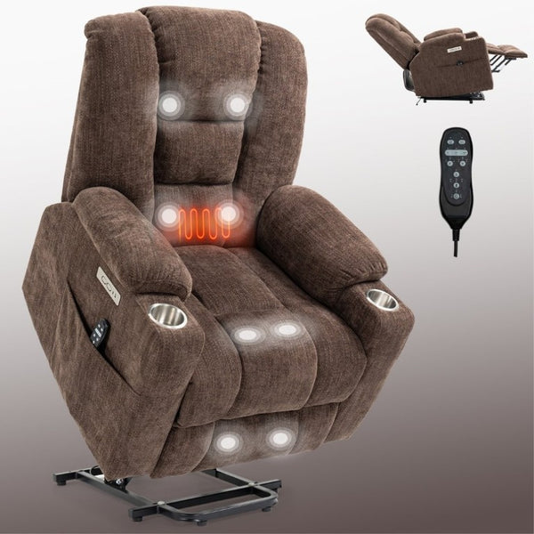 English Elm Large Power Lift Recliner Chenille Chair with Massage Heat and USB Charging Ports Brown W1803S00113