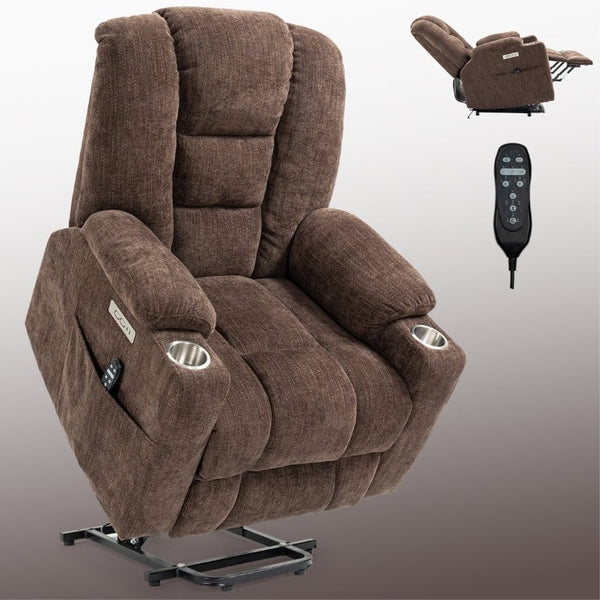 English Elm Large Power Lift Recliner Chenille Chair with Massage Heat and USB Charging Ports Brown W1803S00113
