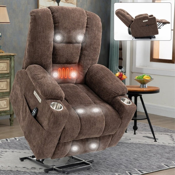 English Elm Large Power Lift Recliner Chenille Chair with Massage Heat and USB Charging Ports Brown W1803S00113