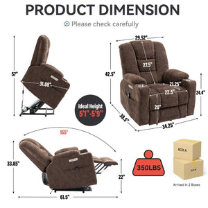 English Elm Large Power Lift Recliner Chenille Chair with Massage Heat and USB Charging Ports Brown W1803S00113