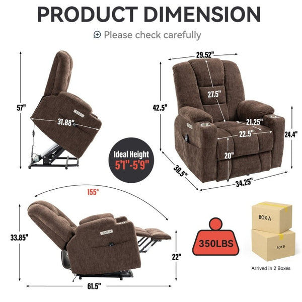 English Elm Large Power Lift Recliner Chenille Chair with Massage Heat and USB Charging Ports Brown W1803S00113