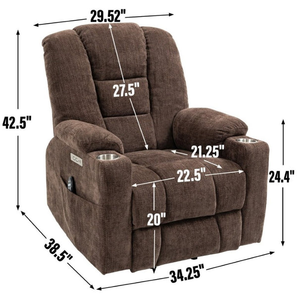 English Elm Large Power Lift Recliner Chenille Chair with Massage Heat and USB Charging Ports Brown W1803S00113