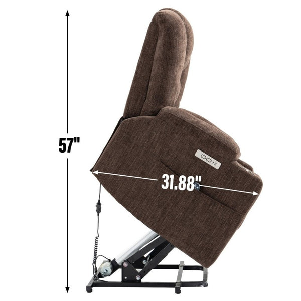 English Elm Large Power Lift Recliner Chenille Chair with Massage Heat and USB Charging Ports Brown W1803S00113