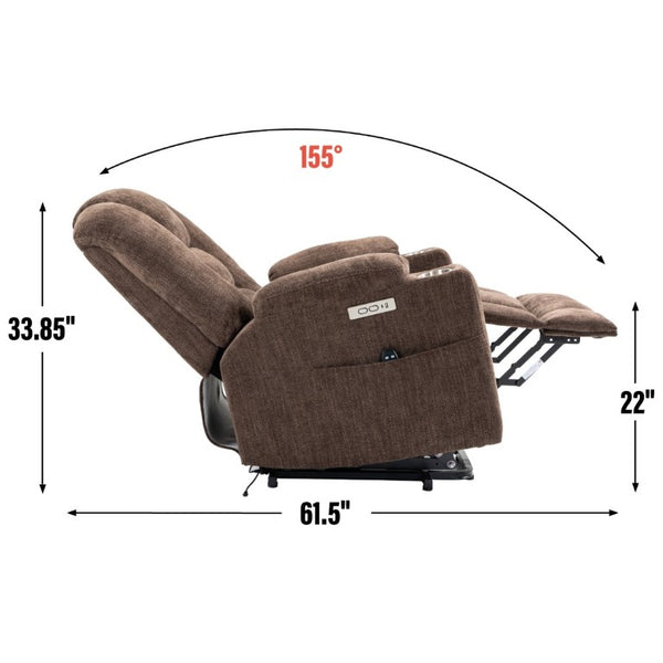 English Elm Large Power Lift Recliner Chenille Chair with Massage Heat and USB Charging Ports Brown W1803S00113