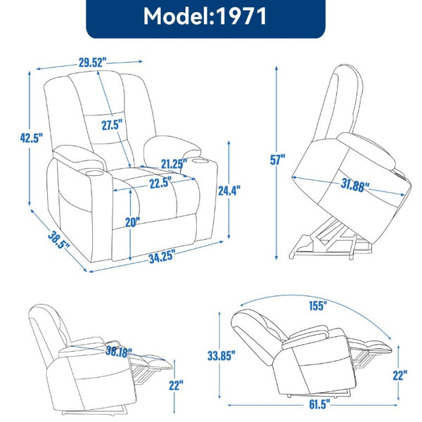 English Elm Large Power Lift Recliner Chenille Chair with Massage Heat and USB Charging Ports Brown W1803S00113