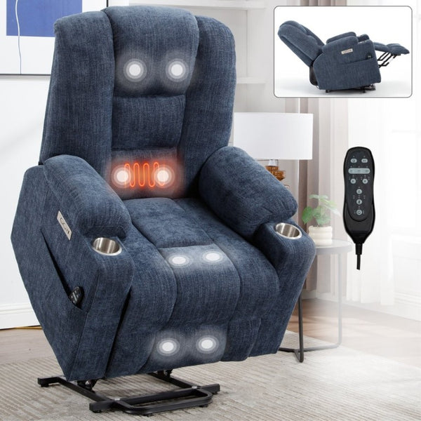 English Elm Large Power Lift Recliner Chenille Chair with Massage Heat and USB Charging Ports Blue W1803S00114