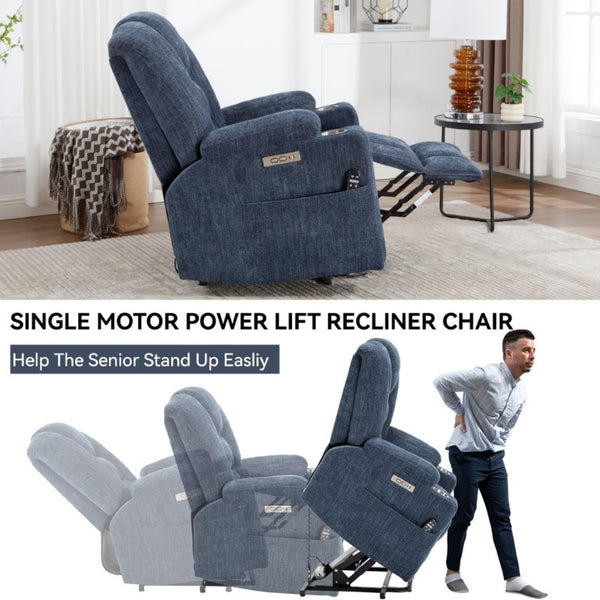 English Elm Large Power Lift Recliner Chenille Chair with Massage Heat and USB Charging Ports Blue W1803S00114