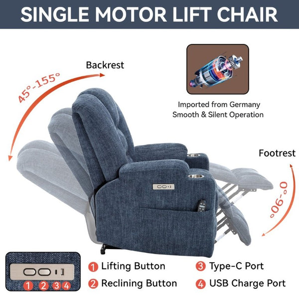 English Elm Large Power Lift Recliner Chenille Chair with Massage Heat and USB Charging Ports Blue W1803S00114
