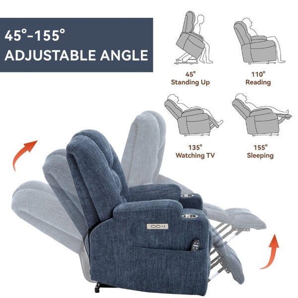 English Elm Large Power Lift Recliner Chenille Chair with Massage Heat and USB Charging Ports Blue W1803S00114
